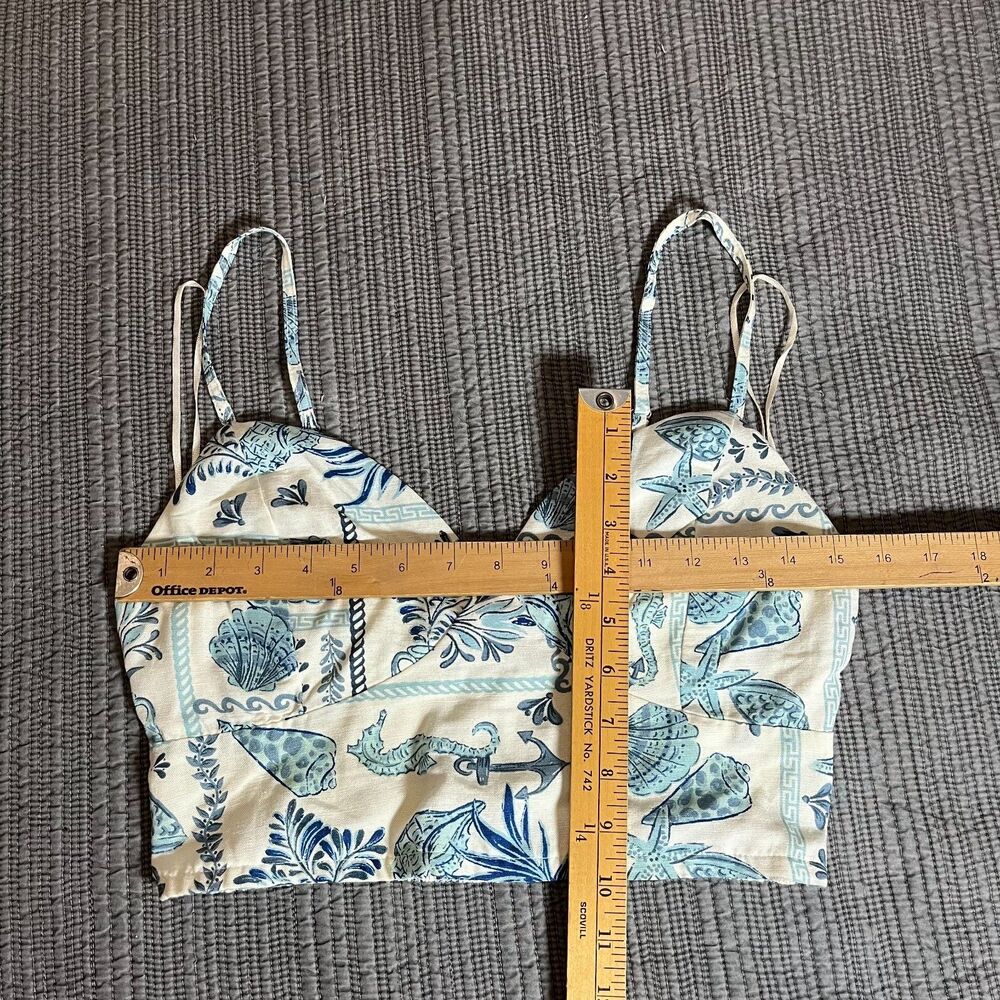 Midnight Sky Linen Blend Nautical Crop Top Blue Ocean‎ Shell Seahorse Print M - Picture 4 of 6